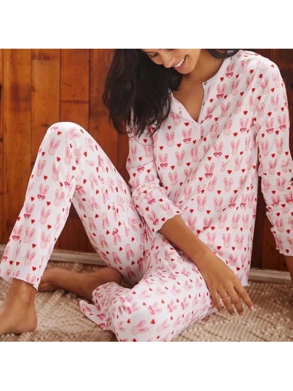 Roller Rabbit Bunny Heart Pink Lovestruck Pajama Set White Red Large